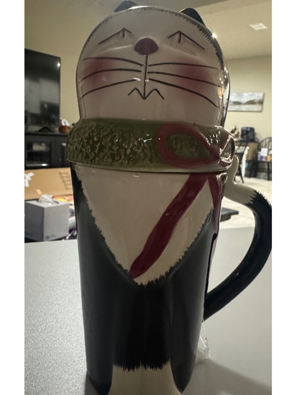 Oneida Black White Cat Mug with Green Scarf and Red Accent